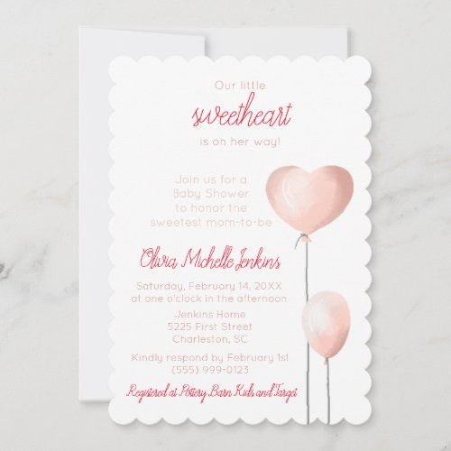Scalloped Pink Heart Balloon Baby Shower Invitation