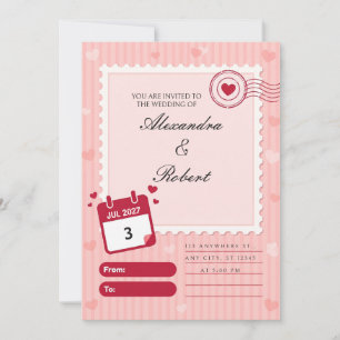 Scalloped Pink Stripe Stamp Wedding Invitation