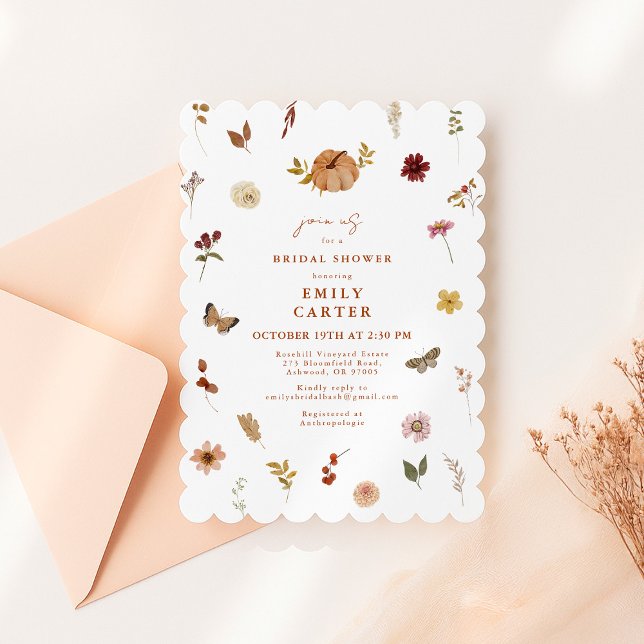 Scalloped Pumpkin Butterfly Floral Bridal Shower Invitation (Creator Uploaded)