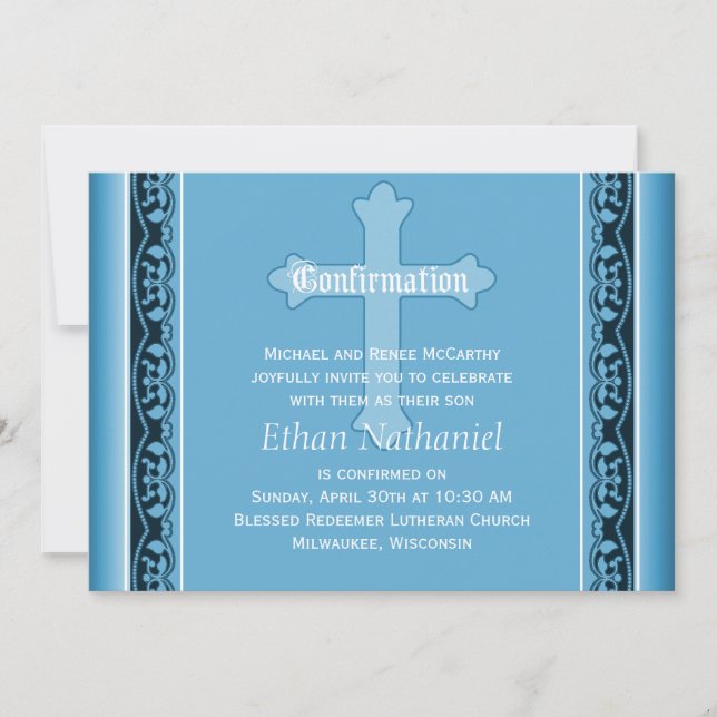 Scalloped Vines with Cross Blue Confirmation Invitation (Front)
