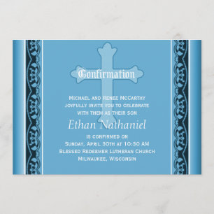 Scalloped Vines with Cross Blue Confirmation Invitation