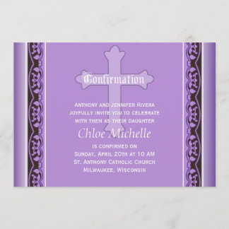Scalloped Vines with Cross Purple Confirmation Invitation