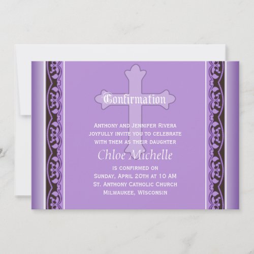 Scalloped Vines with Cross Purple Confirmation Invitations