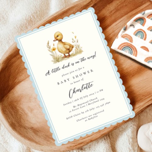 Scallopped Pastel Blue Little Duck Baby Shower Invitation