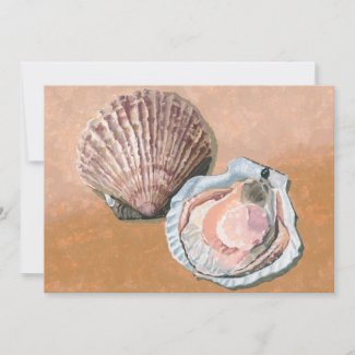 Invitation card printed with a still life painting of an opened raw scallop shell
