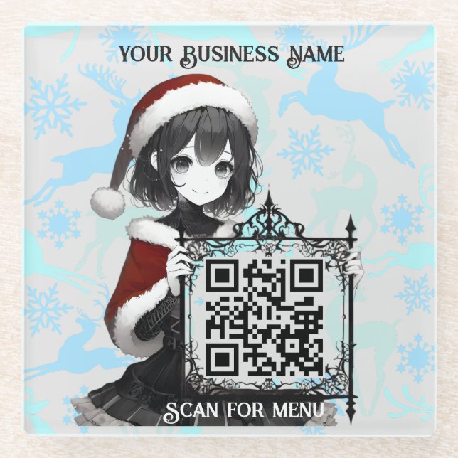 Scan for Menu3 QRcode with personalization LGreyBG Glass Coaster (Front)