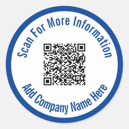 Scan For More Information QR Code Blue and White Classic Round Sticker