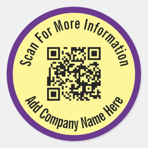 Scan for More Information Yellow  Purple QR Code Classic Round Sticker