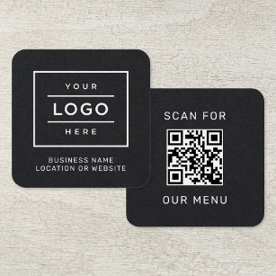 Scan For Our Menu Black Custom QR Code and Logo Square Business Card
