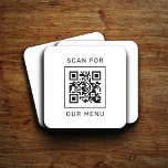 Scan For Our Menu Custom QR Code and Logo Beverage Coaster<br><div class="desc">Modern and minimal black and white square plastic cork-backed beverage coaster with design created for a restaurant or bar features your custom QR code that will guide customers to "Scan for our Menu". The back of the card includes a company logo and custom text that can be personalized with the...</div>