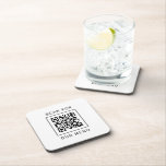 Scan For Our Menu Custom QR Code and Logo Beverage Coaster<br><div class="desc">Modern and minimal black and white square plastic cork-backed beverage coaster with design created for a restaurant or bar features your custom QR code that will guide customers to "Scan for our Menu". The back of the card includes a company logo and custom text that can be personalized with the...</div>