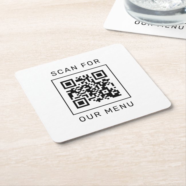 Scan For Our Menu Custom QR Code and Logo Square Paper Coaster