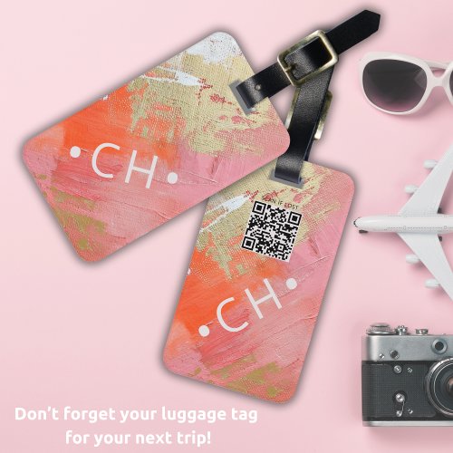 Scan If Lost Custom QR Code Monogram Modern Pink Luggage Tag