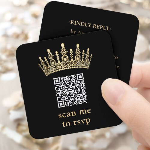 Scan Me QR RSVP Black and Gold Quinceañera Crown