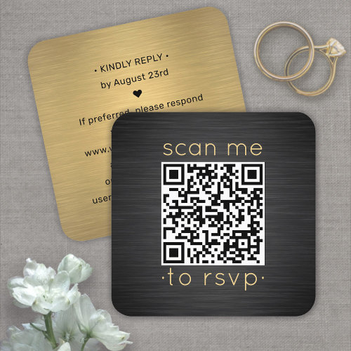 Scan Me QR RSVP Black  Gold Square Wedding Enclosure Card
