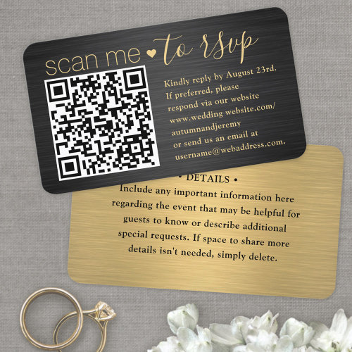 Scan Me QR RSVP  Details Black  Gold Wedding Enclosure Card