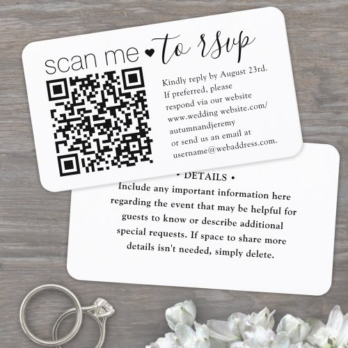 Scan Me QR RSVP  Details Simple Script Wedding Enclosure Card