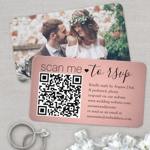 Scan Me QR RSVP Pink Rose Gold Photo Wedding  Enclosure Card