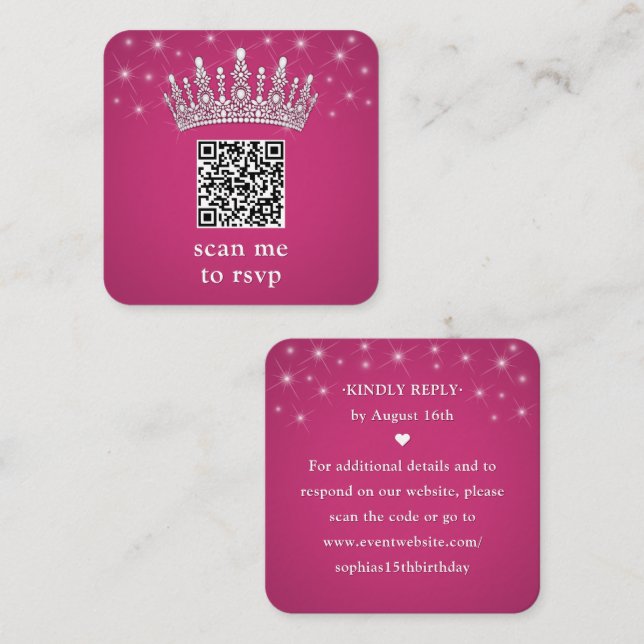 Scan Me QR RSVP Quinceañera Crown Fuschia Pink Enclosure Card (Front/Back)