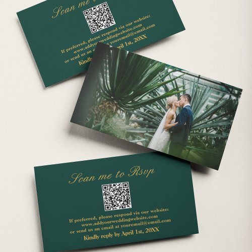 Scan Me RSVP Emerald Green Gold Wedding QR Code  Enclosure Card