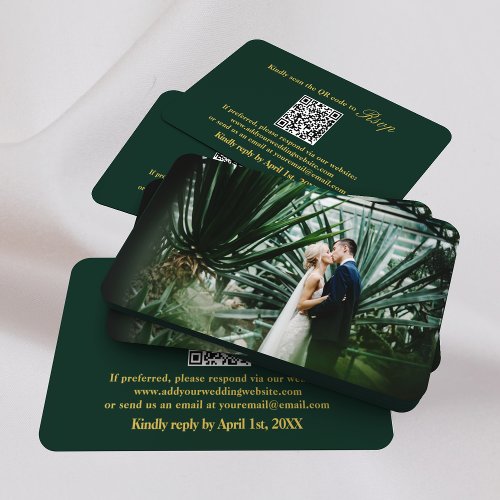 Scan Me RSVP QR Code Emerald Green Gold Wedding Enclosure Card