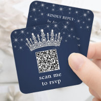 Scan Me RSVP QR Code Quinceañera Crown Navy Blue