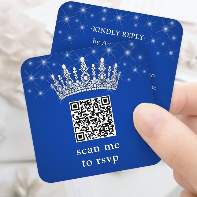 Scan Me RSVP QR Code Quinceañera Crown Royal Blue Enclosure Card (Creator Uploaded)