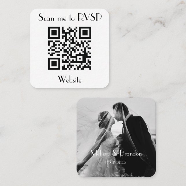 Scan me to RSVP Wedding QR Code Photo Response  Square Business Card (Front/Back)