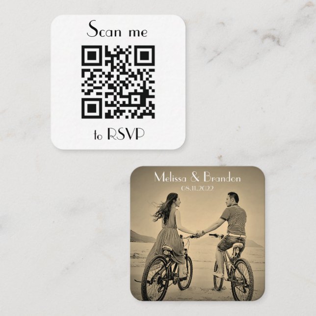 Scan me to RSVP Wedding QR Code Photo Response Square Business Card (Front/Back)