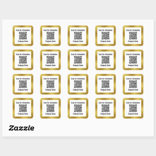 Scan QR Code Company Name Gold and White Template Square Sticker | Zazzle