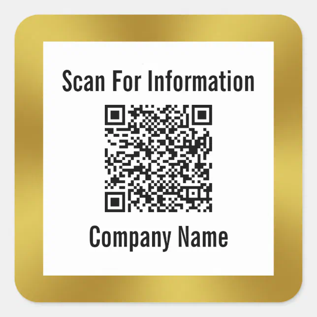Scan QR Code Company Name Gold and White Template Square Sticker | Zazzle