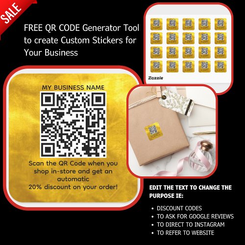 Scan QR Code Discount CUSTOM BRANDED Gold Square Sticker
