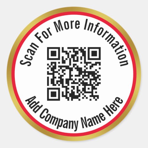 Scan QR Code For Info Bright Red White and Gold Classic Round Sticker