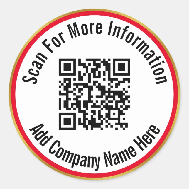 Scan QR Code For Info Bright Red White and Gold Classic Round Sticker (Front)