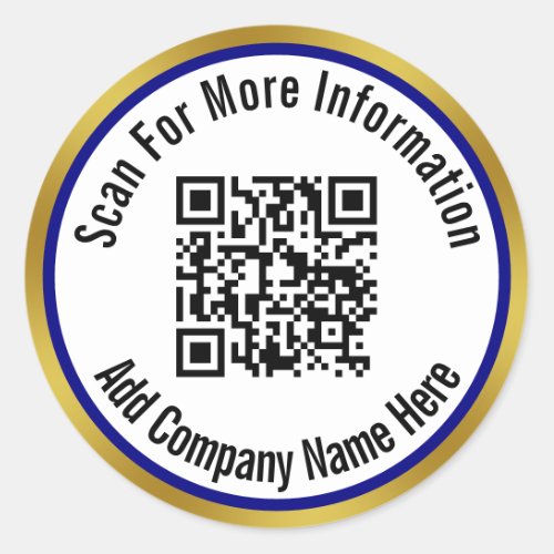 Scan QR Code For Info Navy Blue White and Gold Classic Round Sticker