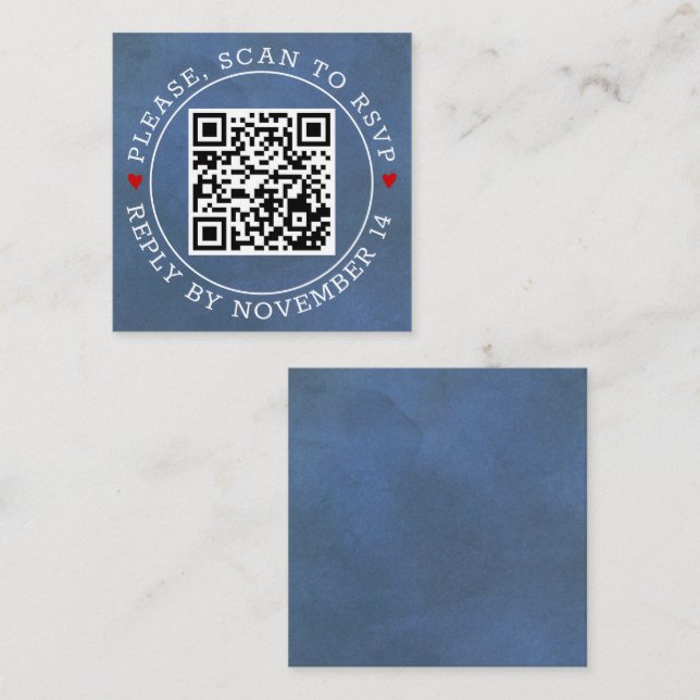 Scan QR code RSVP stained blue and hearts wedding Enclosure Card (Front/Back)
