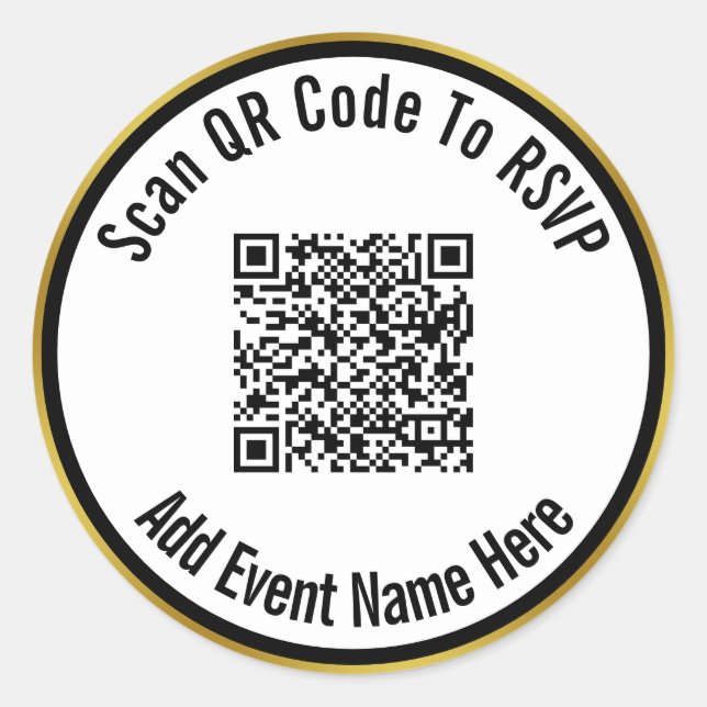 Scan QR Code To RSVP Event Name Black White Gold Classic Round Sticker (Front)