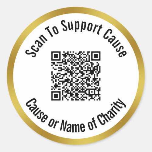 Scan QR Code To Support Cause Charity White  Gold Classic Round Sticker