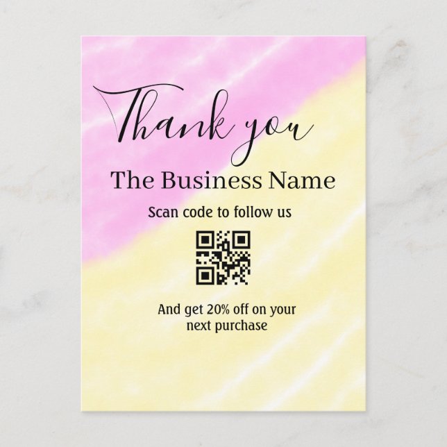 Scan QR to follow us thank you discount code pink  Postcard (Front)