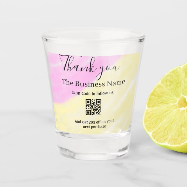 Scan QR to follow us thank you discount code pink  Shot Glass (Front)
