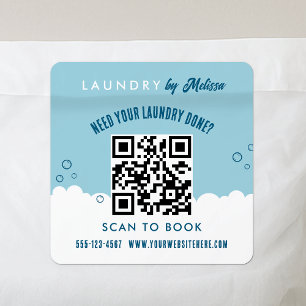 Scan To Book Laundry Service Blue & White QR Code Square Sticker