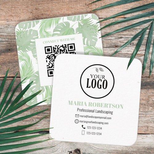 Scan to Connect  QR Code Company Logo Palm Leaves Square Business Card