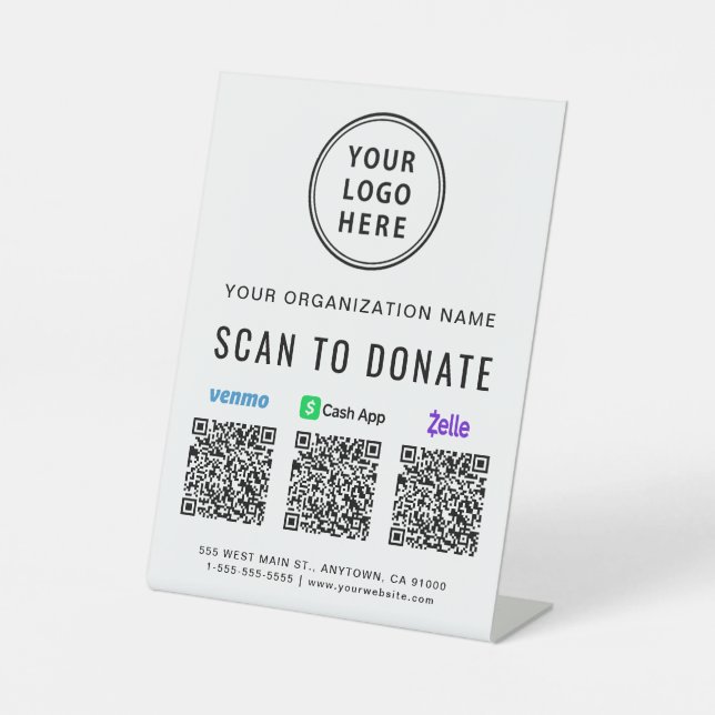Scan to Donate Venmo Zelle CashApp QR Codes Logo Pedestal Sign