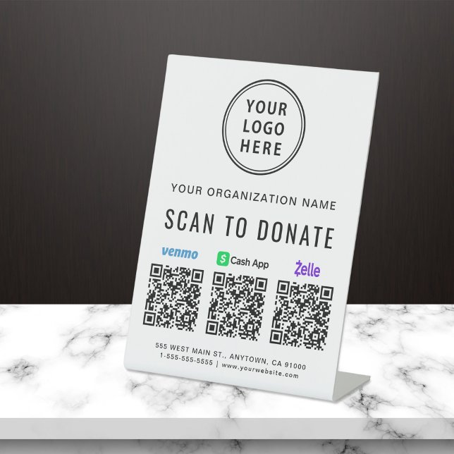 Scan to Donate Venmo Zelle CashApp QR Codes Logo Pedestal Sign (Our versatile QR Code sign enables you to receive donations anytime, anywhere)