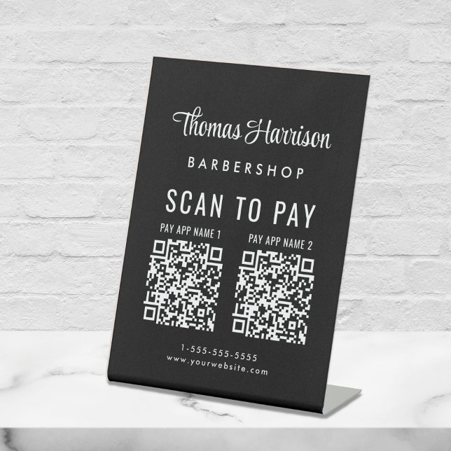 Scan to Pay 2 QR Codes Black Business Tabletop Pedestal Sign (A QR code sign to effortlessly connect your customers to your payment platforms)