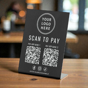 Scan to Pay 2 QR Codes Business Logo Black Pedestal Sign