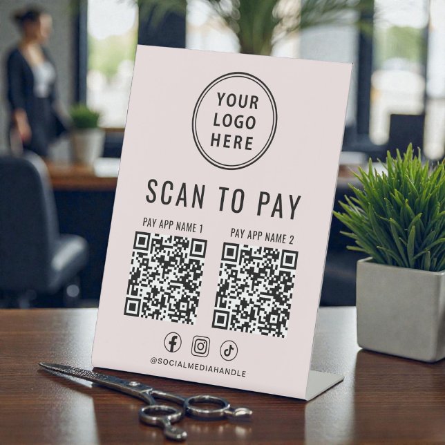 Scan to Pay 2 QR Codes Business Logo Pink Pedestal Sign (Scan to Pay 2 QR Codes Business Logo Pink Pedestal Sign)