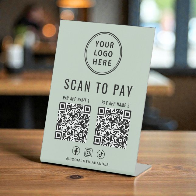 Scan to Pay 2 QR Codes Business Logo Sage Green Pedestal Sign (Scan to Pay 2 QR Codes Business Logo Sage Green Pedestal Sign)