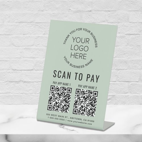 Scan to Pay 2 QR Codes Business Logo Sage Green Pedestal Sign