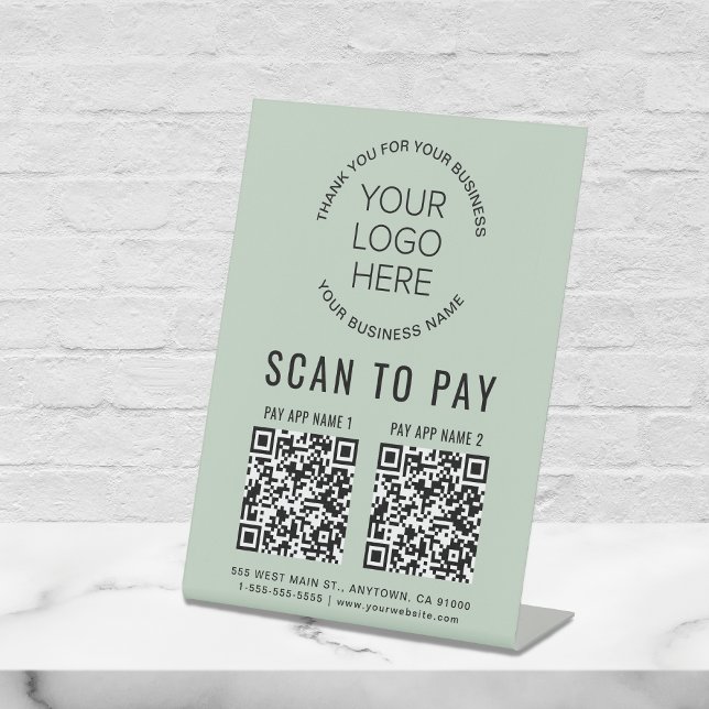 Scan to Pay 2 QR Codes Business Logo Sage Green Pedestal Sign (Creator Uploaded)